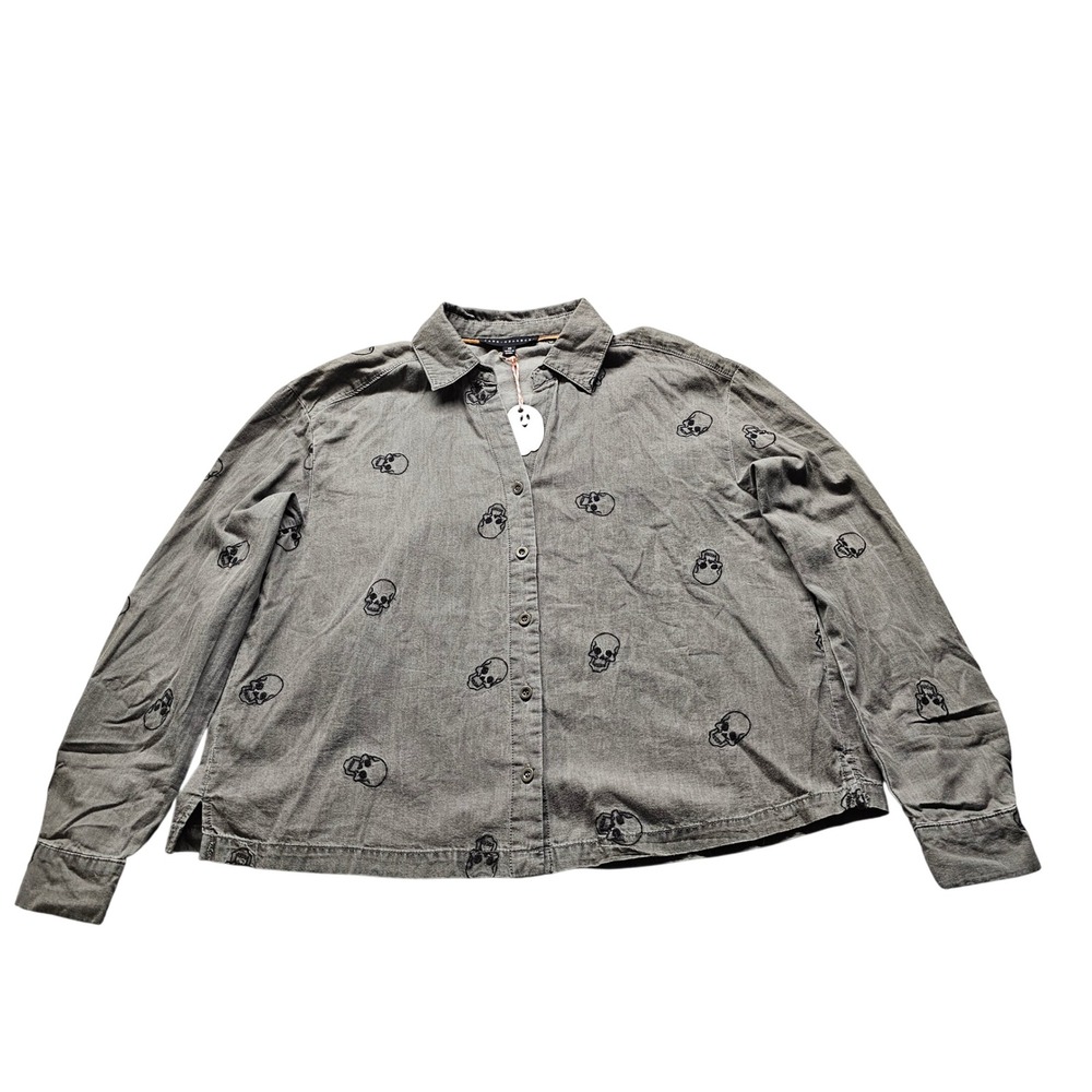 Jane + Delancey Skull Embroidered Button Down Shirt Womens XS Olive Green Edgy